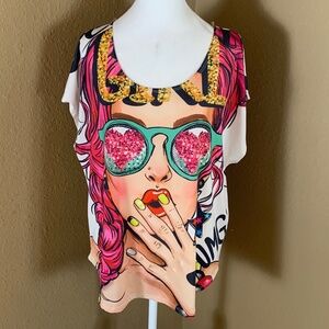 Love J Pop Art Graphic Tunic Top Women’s 2X Statement Short Sleeve Stretch